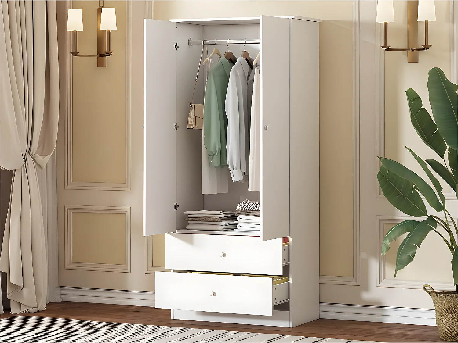 Kledingkast met 2 deuren en 2 laden in spaanplaat - H 175cm - Wit