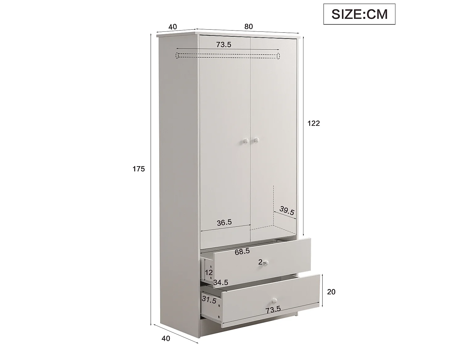Kledingkast met 2 deuren en 2 laden in spaanplaat - H 175cm - Wit