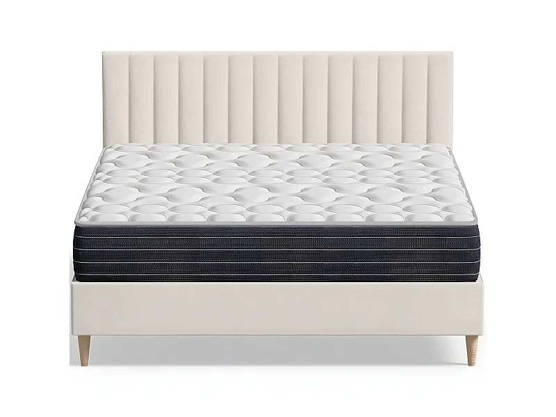 Ensemble lit adulte 140x190 cm en velours beige avec tête de lit matelassée Eliot + Matelas mémoire de forme Memo HR