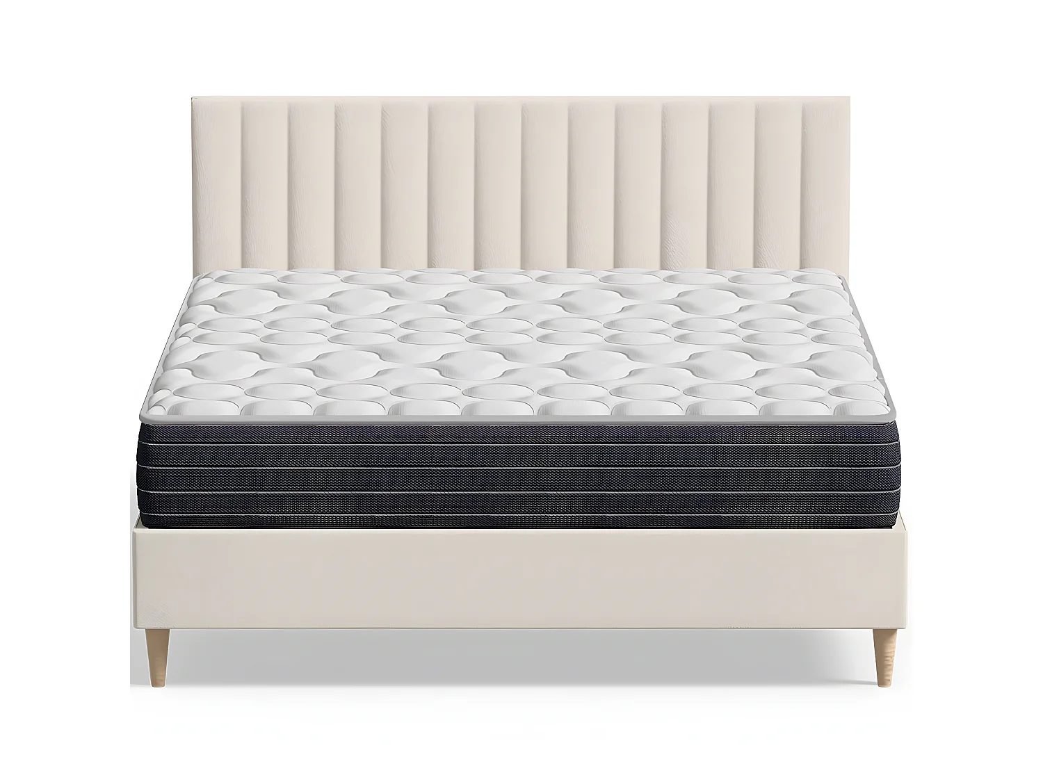 Ensemble lit adulte 140x190 cm en velours beige avec tête de lit matelassée Eliot + Matelas mémoire de forme Memo HR