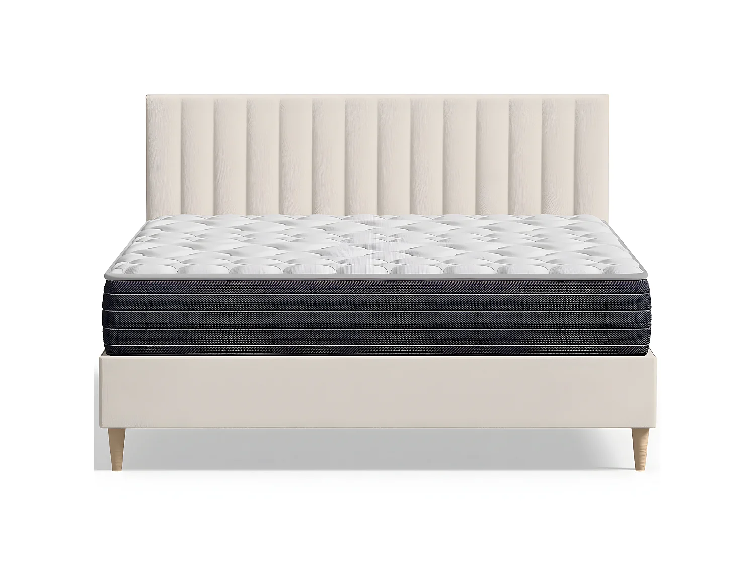 Ensemble lit adulte 140x190 cm en velours beige avec tête de lit matelassée Eliot + Matelas mémoire de forme Memo HR