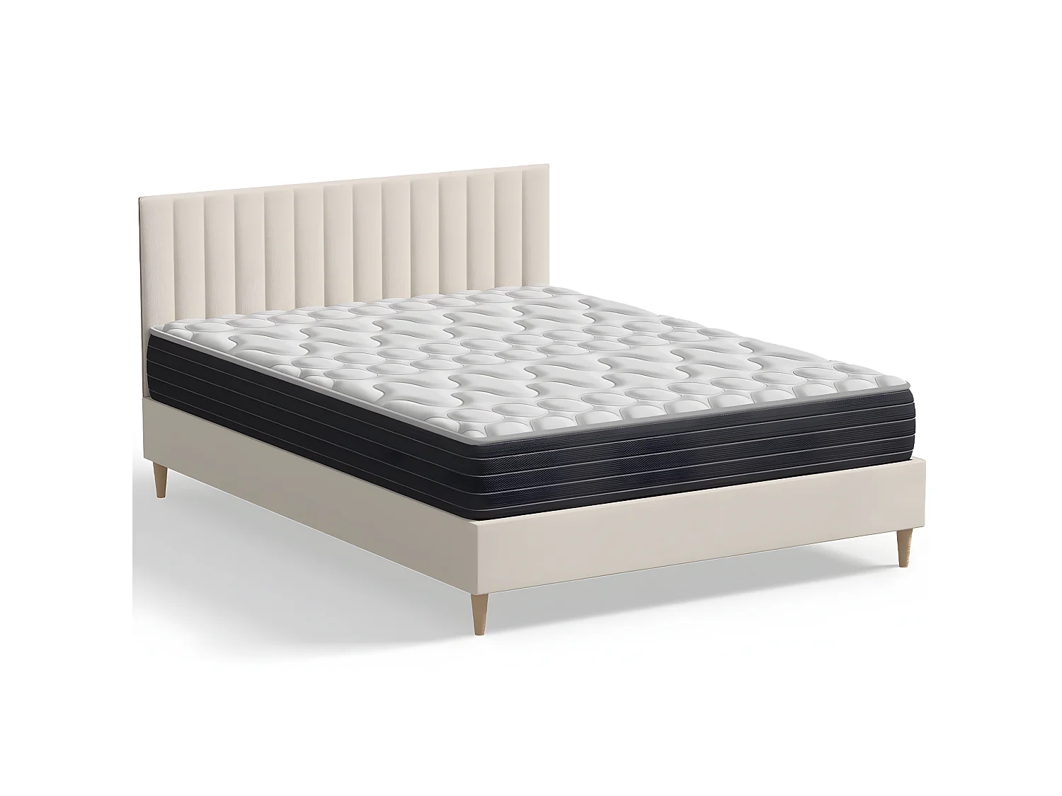 Ensemble lit adulte 140x190 cm en velours beige avec tête de lit matelassée Eliot + Matelas mémoire de forme Memo HR