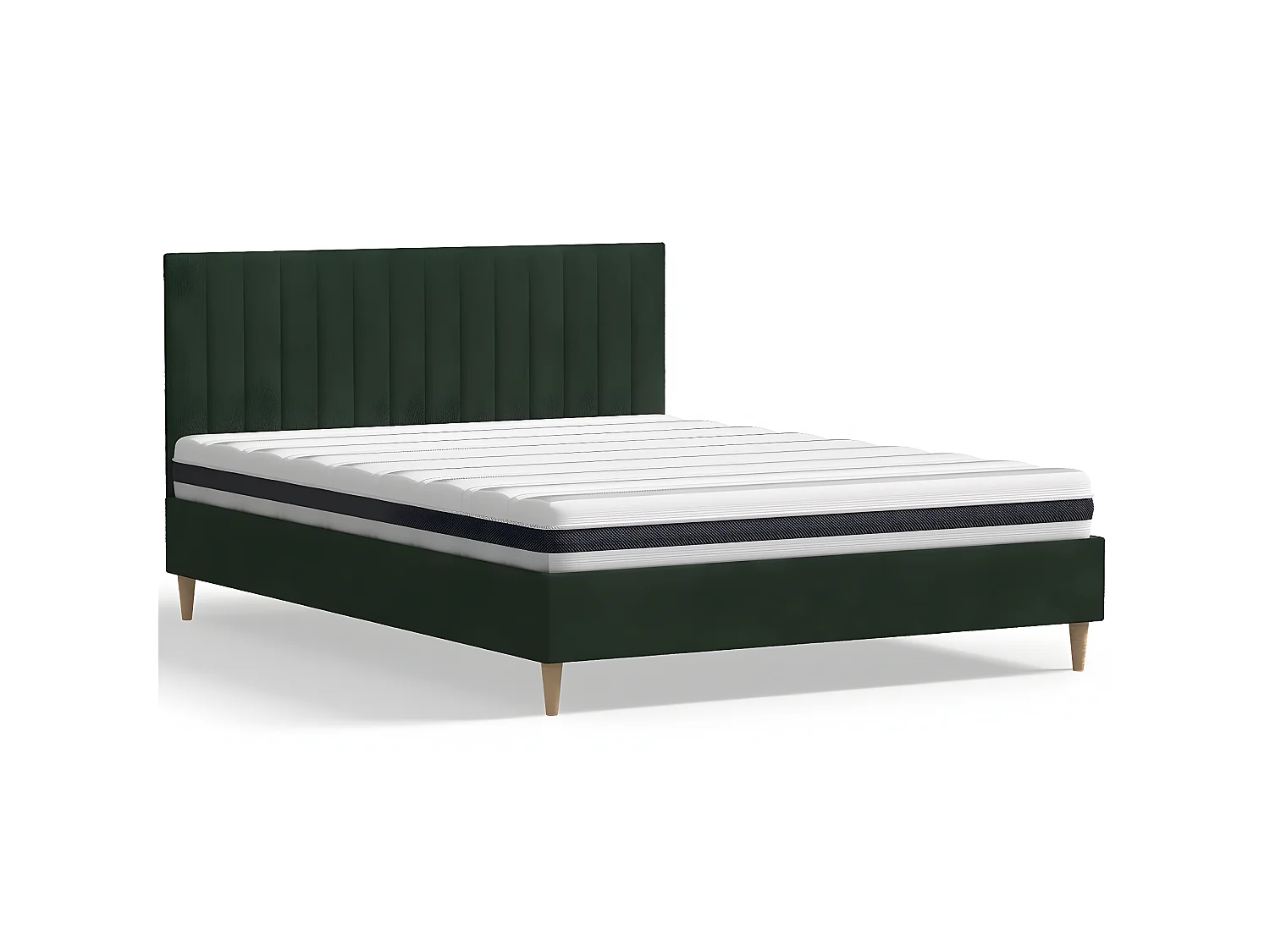 Ensemble lit adulte 140x190 cm en velours vert avec tête de lit matelassée Eliot + Matelas ressorts ensachés Mousse HR