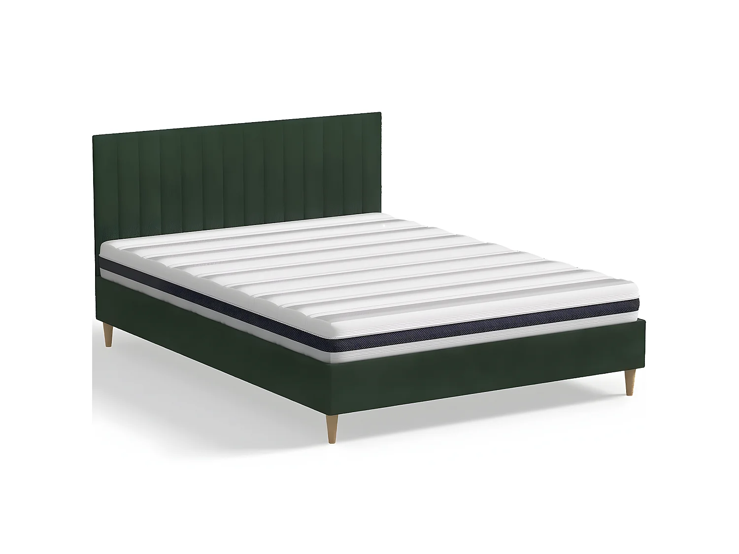 Ensemble lit adulte 140x190 cm en velours vert avec tête de lit matelassée Eliot + Matelas ressorts ensachés Mousse HR