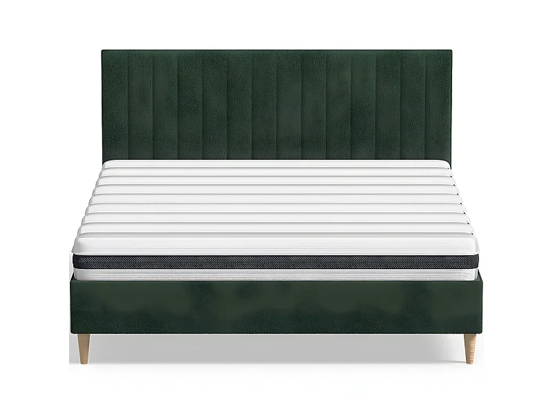 Ensemble lit adulte 140x190 cm en velours vert avec tête de lit matelassée Eliot + Matelas ressorts ensachés Mousse HR