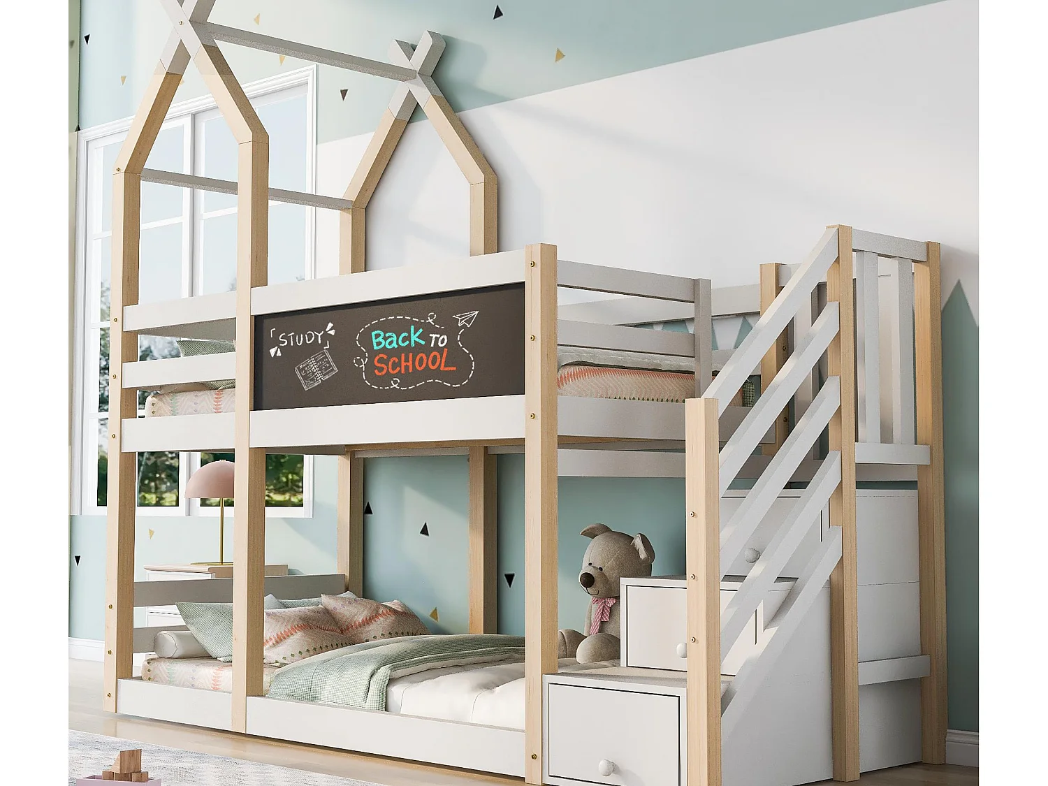 Cabine stapelbed 90x200cm met opbergtrap en een schoolbord - lattenbodems - Wit