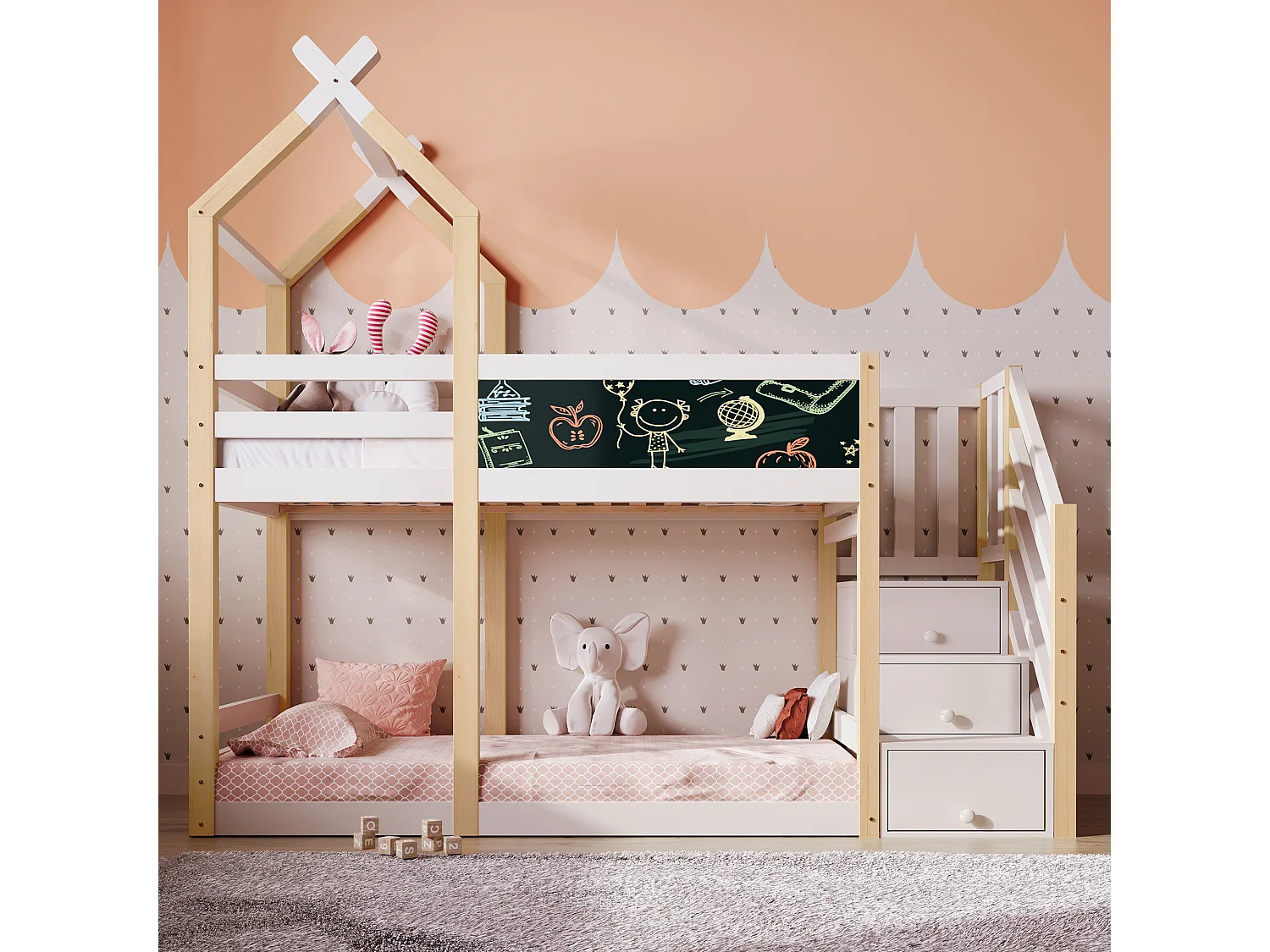 Cabine stapelbed 90x200cm met opbergtrap en een schoolbord - lattenbodems - Wit