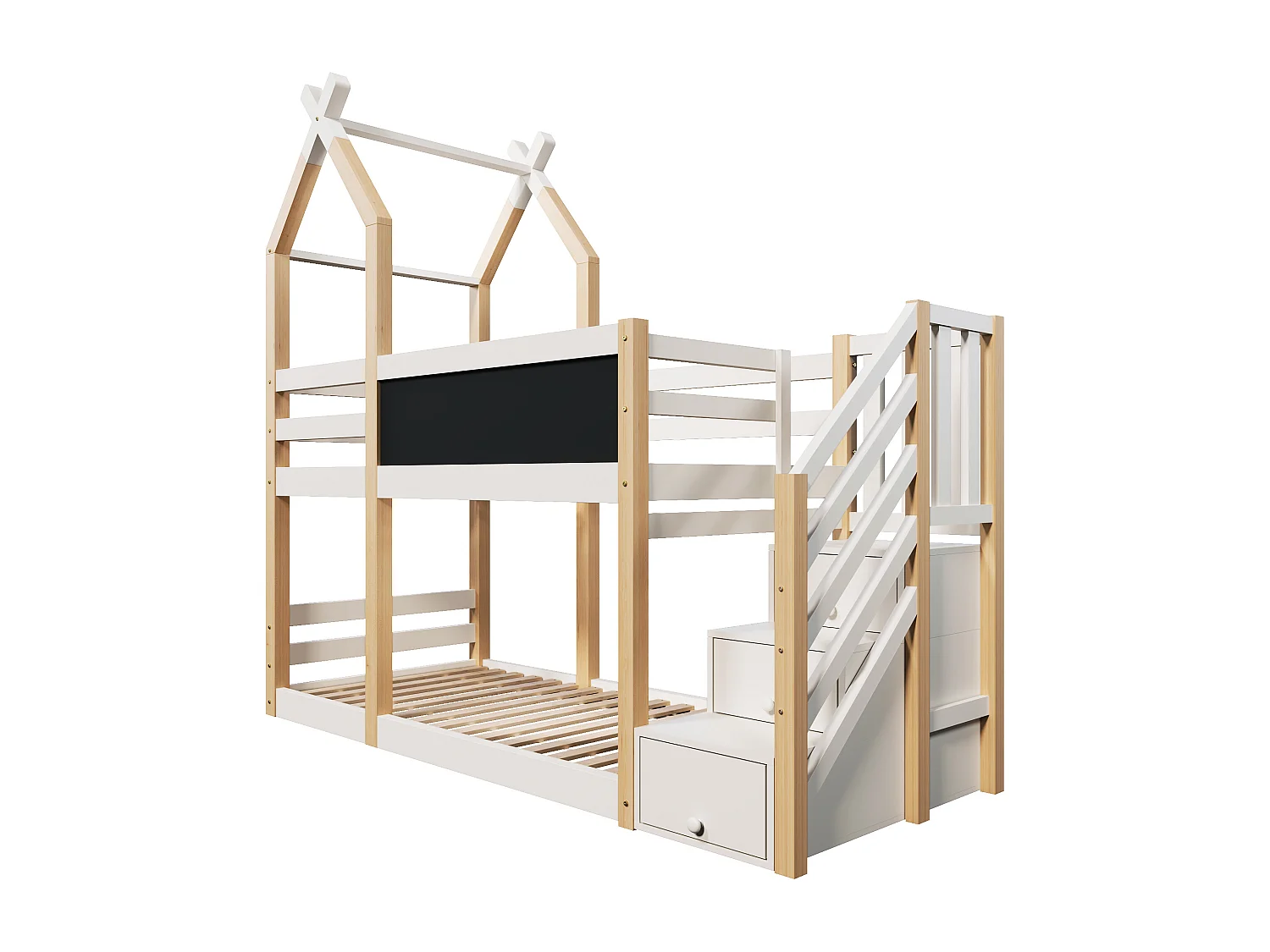 Lit superposé cabane 90x200cm avec escalier de rangement et un tableau noir - sommiers à lattes - Blanc