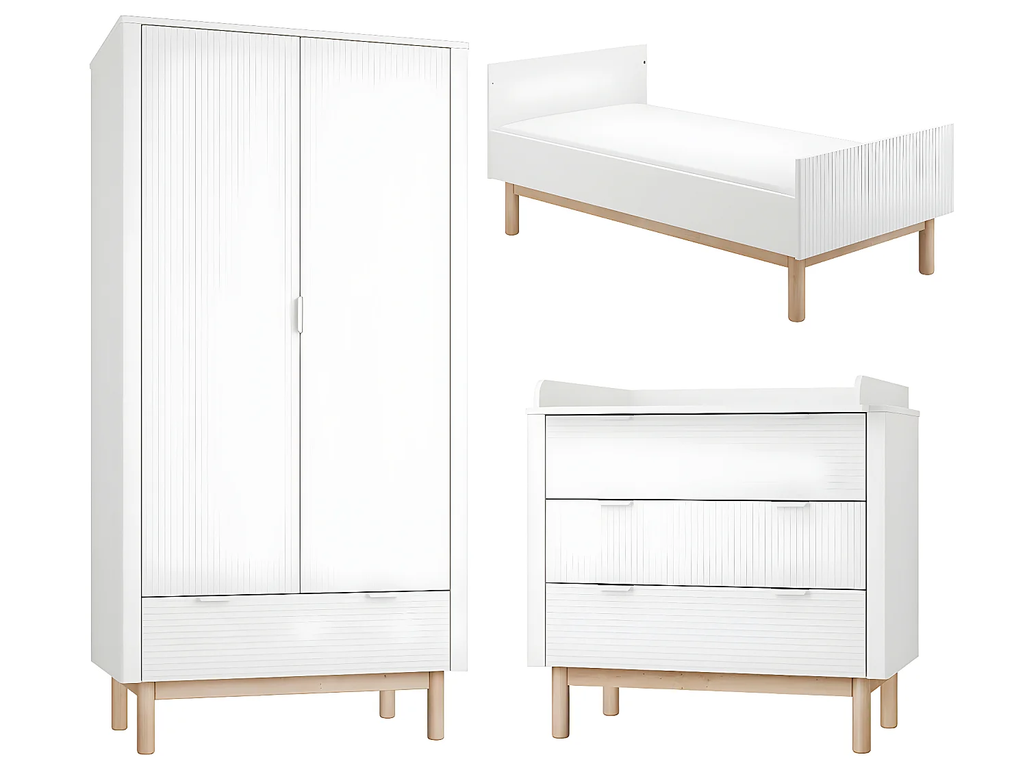 Chambre complète lit évolutif 70x140 commode à langer et armoire 2 portes Miloo Blanc