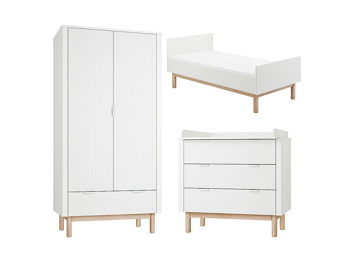 Chambre complète lit évolutif 70x140 commode à langer et armoire 2 portes Miloo Blanc