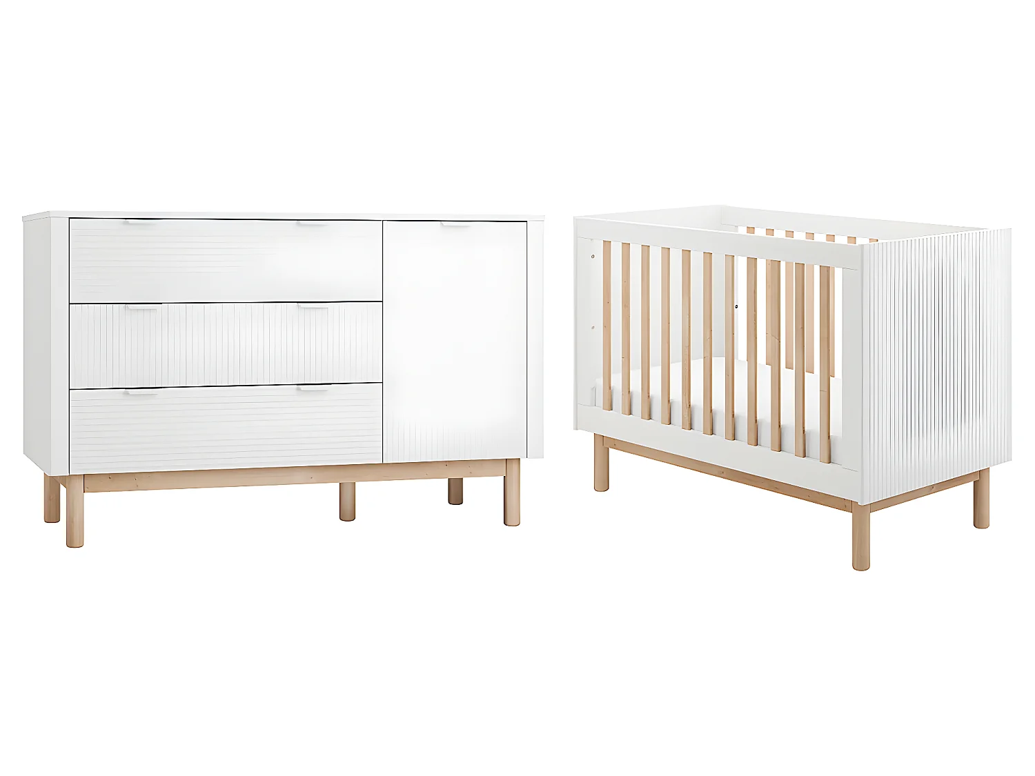 Lit évolutif 60x120 et commode 3 tiroirs 1 porte Miloo Blanc