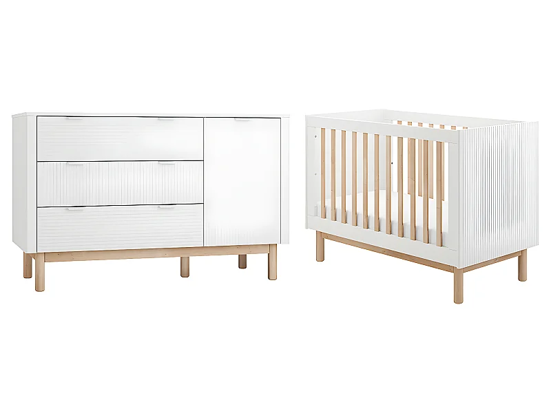 Lit évolutif 60x120 et commode 3 tiroirs 1 porte Miloo Blanc