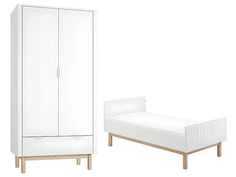 Lit évolutif 70x140 et armoire 2 portes Miloo Blanc