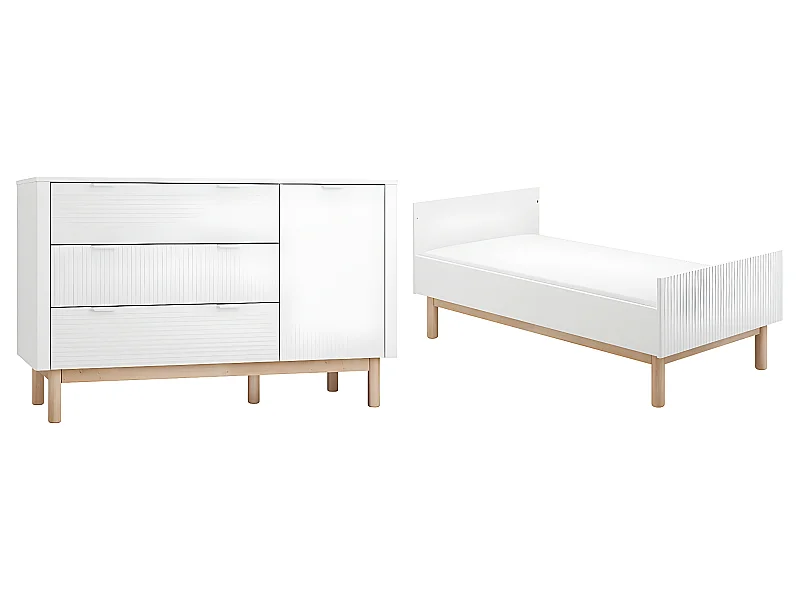 Lit évolutif 70x140 et commode 3 tiroirs 1 porte Miloo Blanc