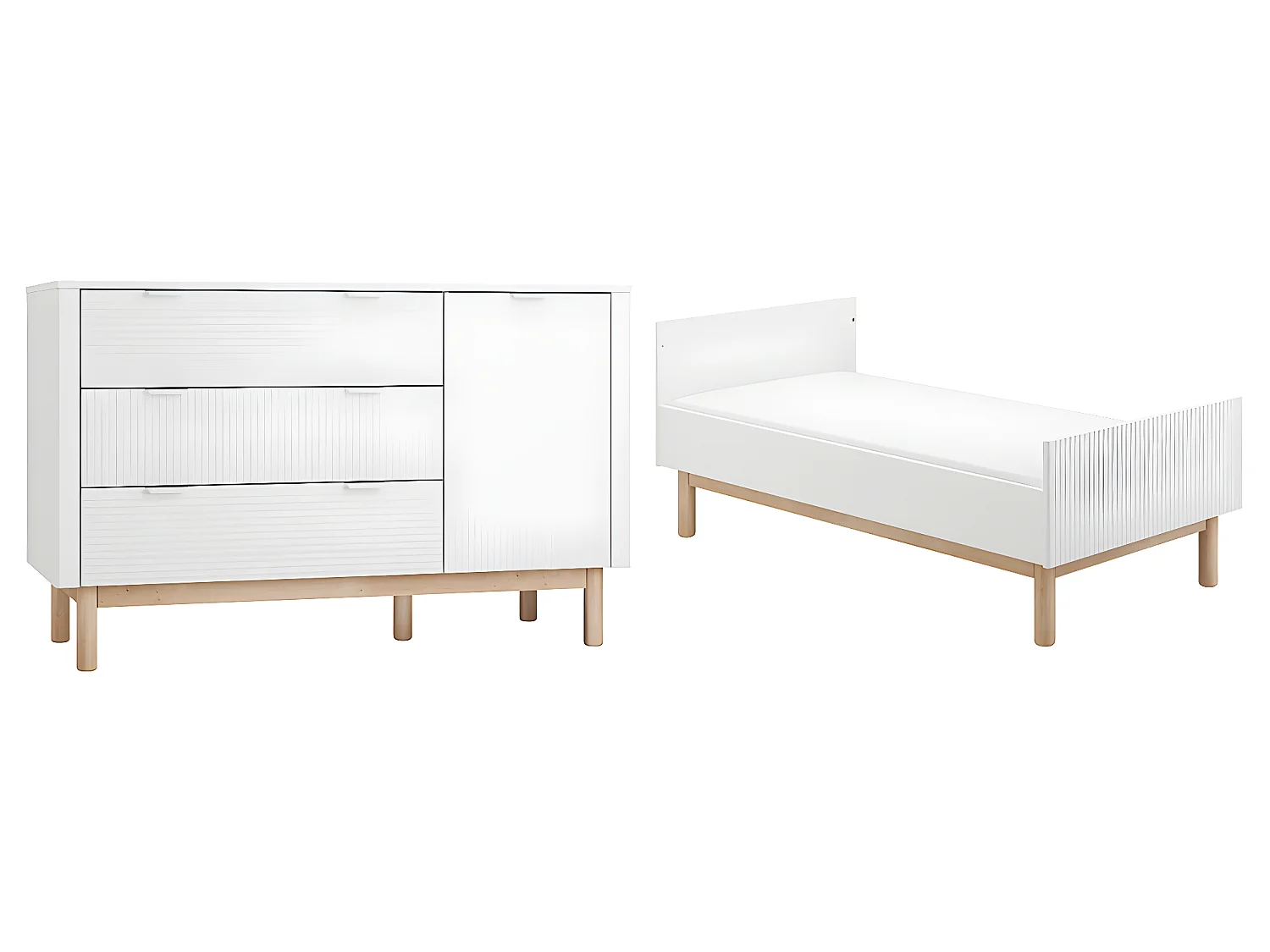 Lit évolutif 70x140 et commode 3 tiroirs 1 porte Miloo Blanc