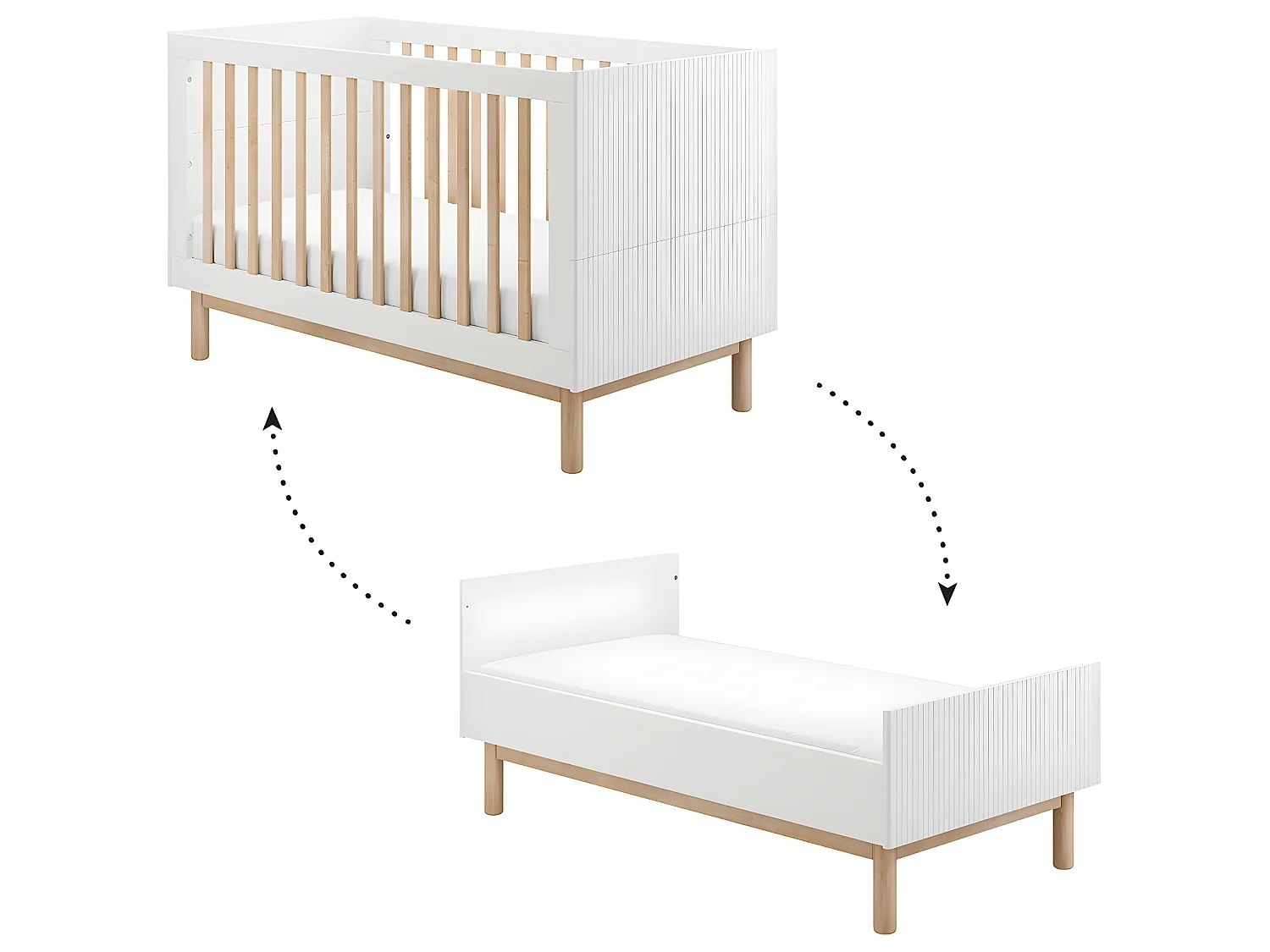 Lit évolutif 70x140 et commode 3 tiroirs 1 porte Miloo Blanc