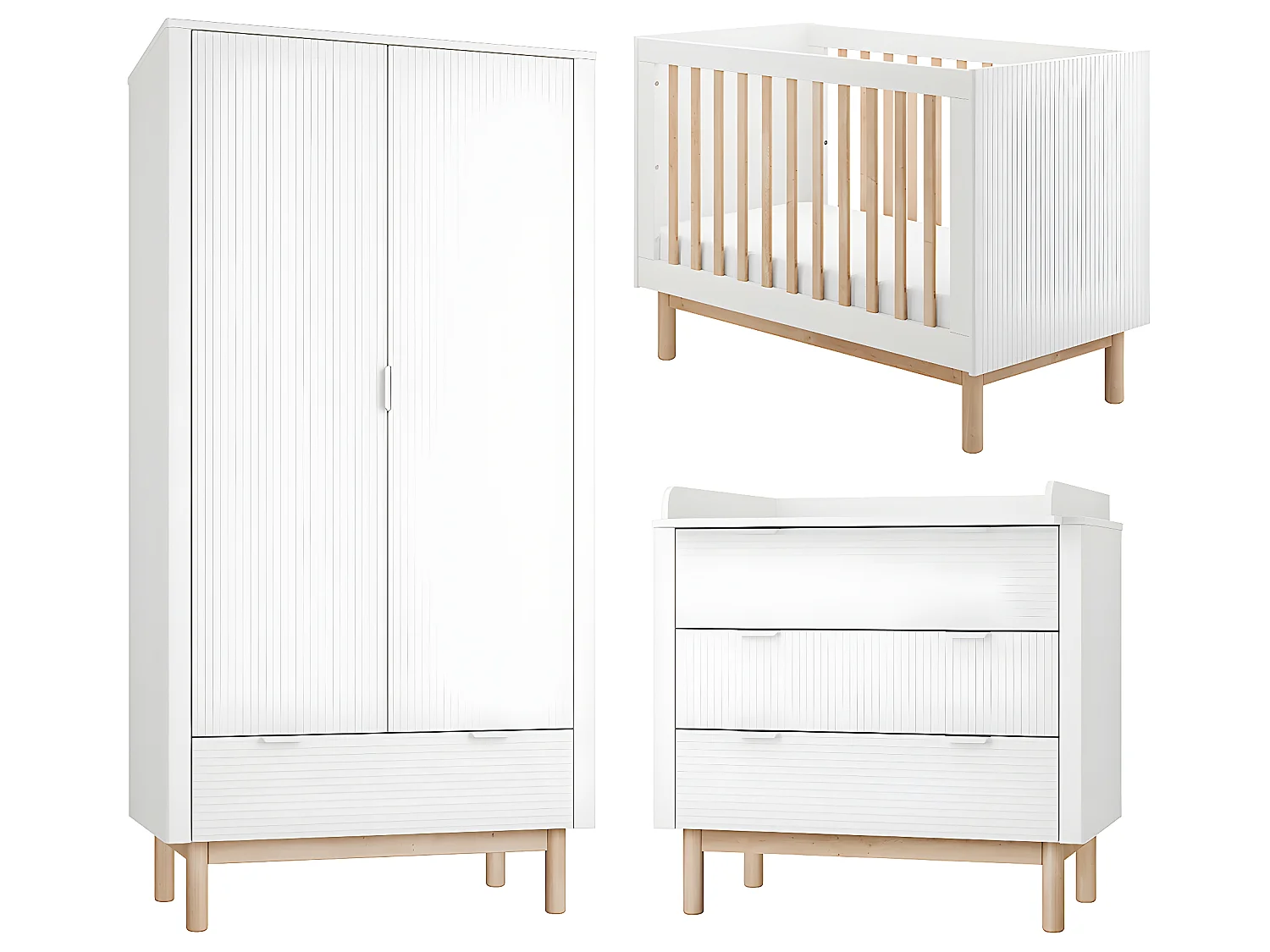 Chambre complète lit évolutif 60x120 commode à langer et armoire 2 portes Miloo Blanc