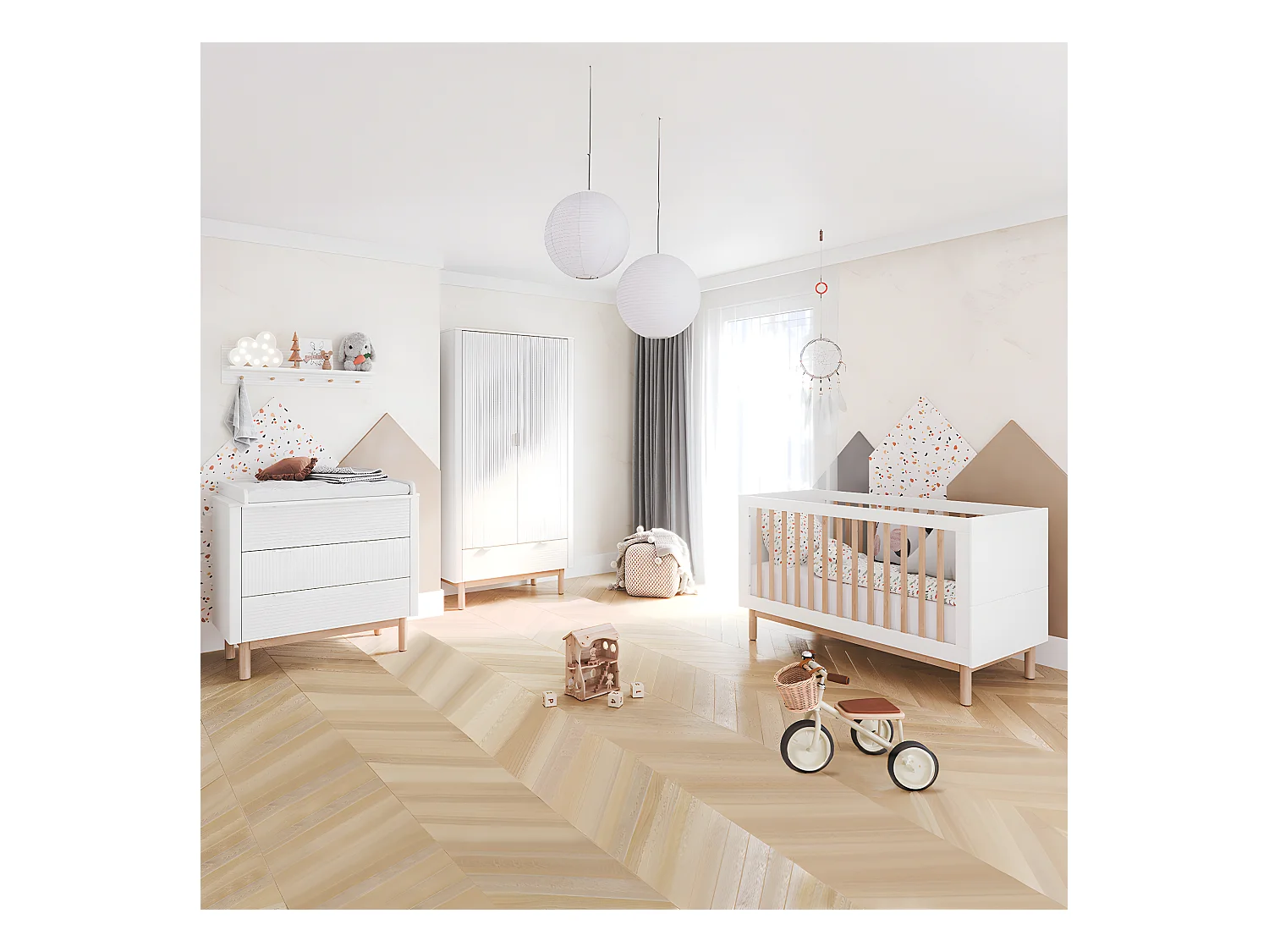 Chambre complète lit évolutif 60x120 commode à langer et armoire 2 portes Miloo Blanc
