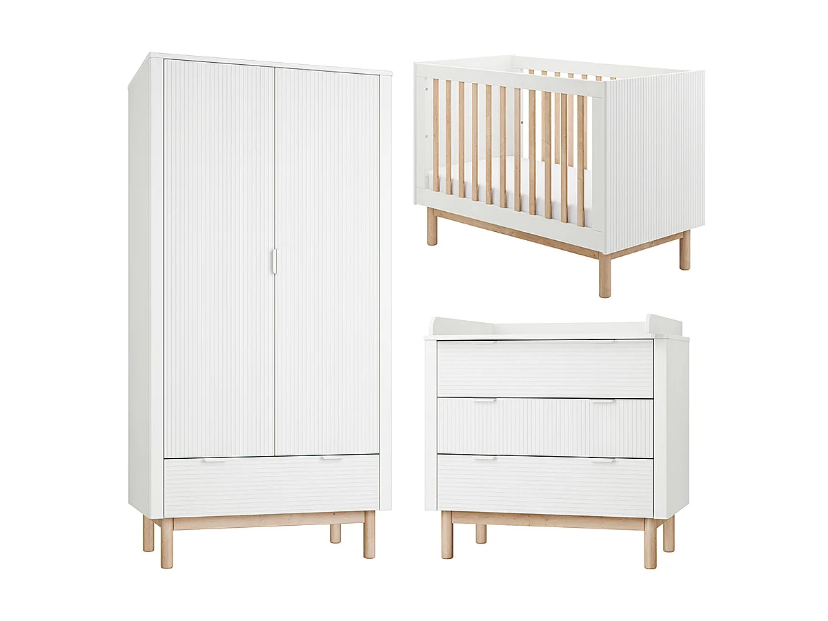 Chambre complète lit évolutif 60x120 commode à langer et armoire 2 portes Pinio Miloo Blanc
