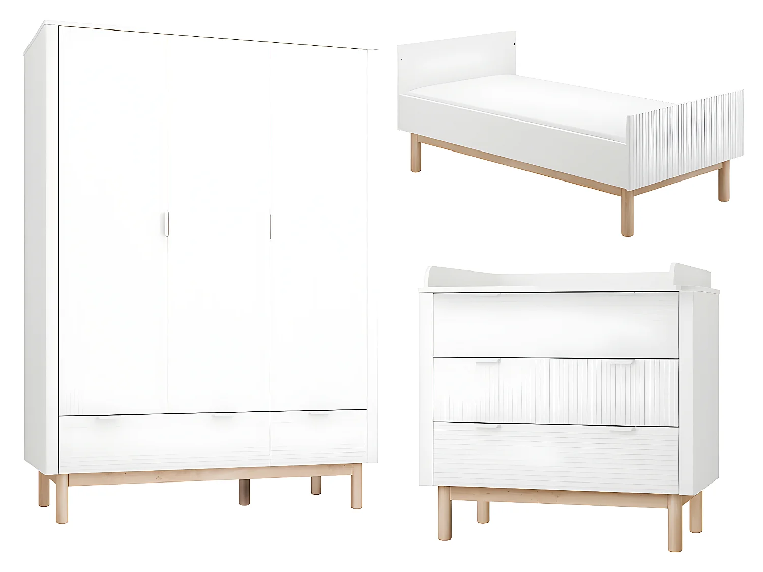 Chambre complète lit évolutif 70x140 commode à langer et armoire 3 portes Miloo Blanc