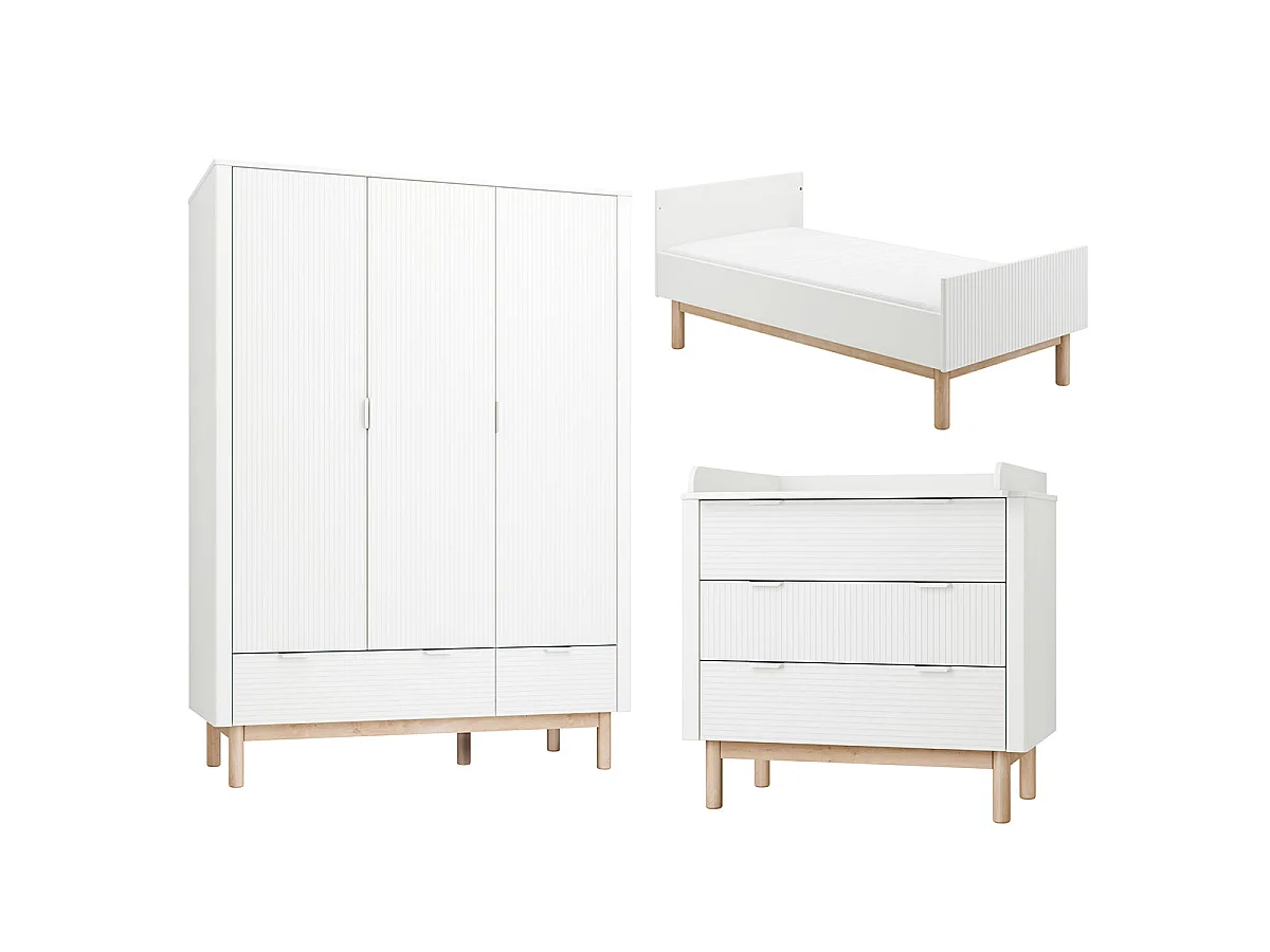 Chambre complète lit évolutif 70x140 commode à langer et armoire 3 portes Miloo Blanc
