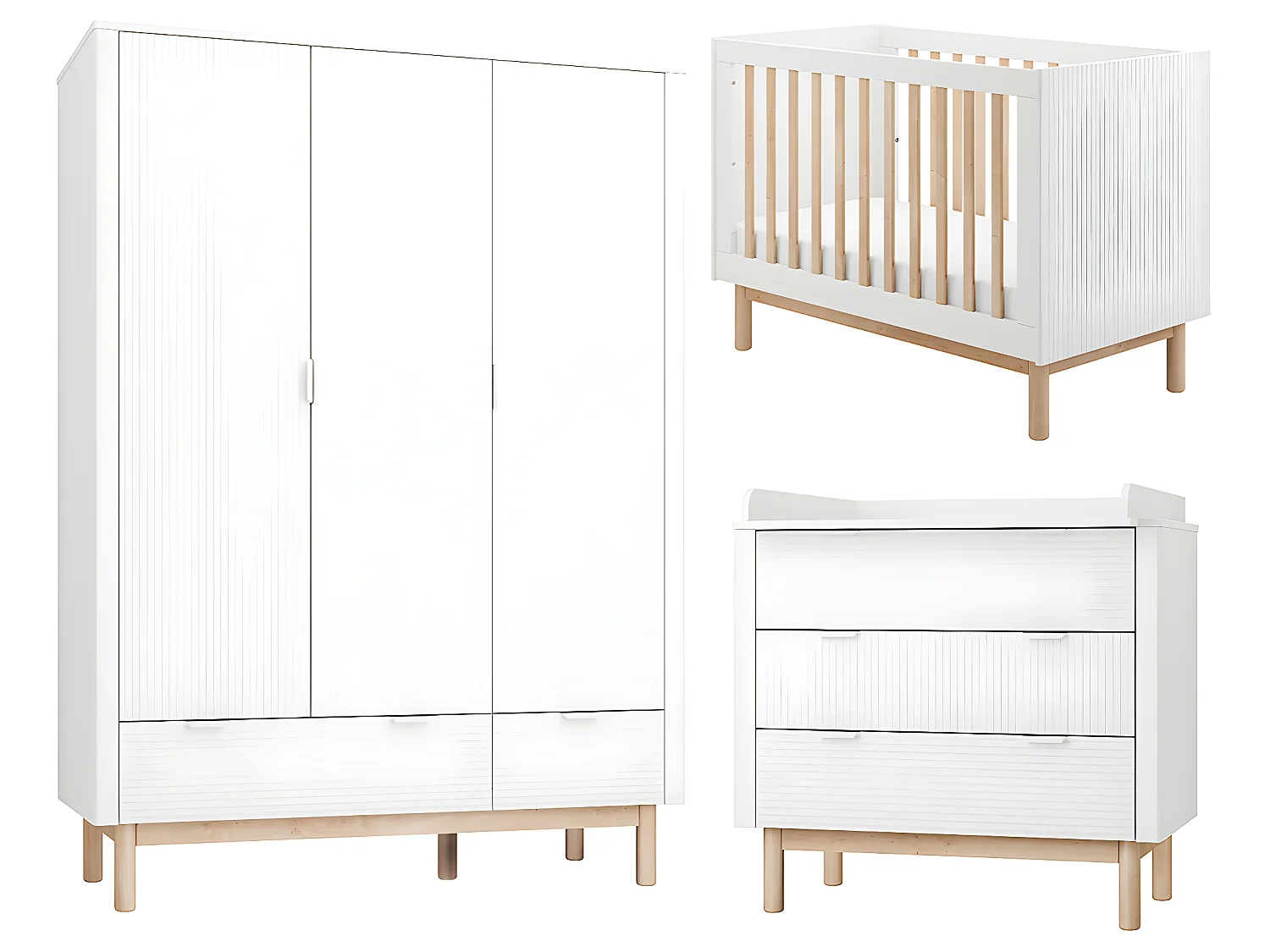 Chambre complète lit évolutif 60x120 commode à langer et armoire 3 portes Miloo Blanc