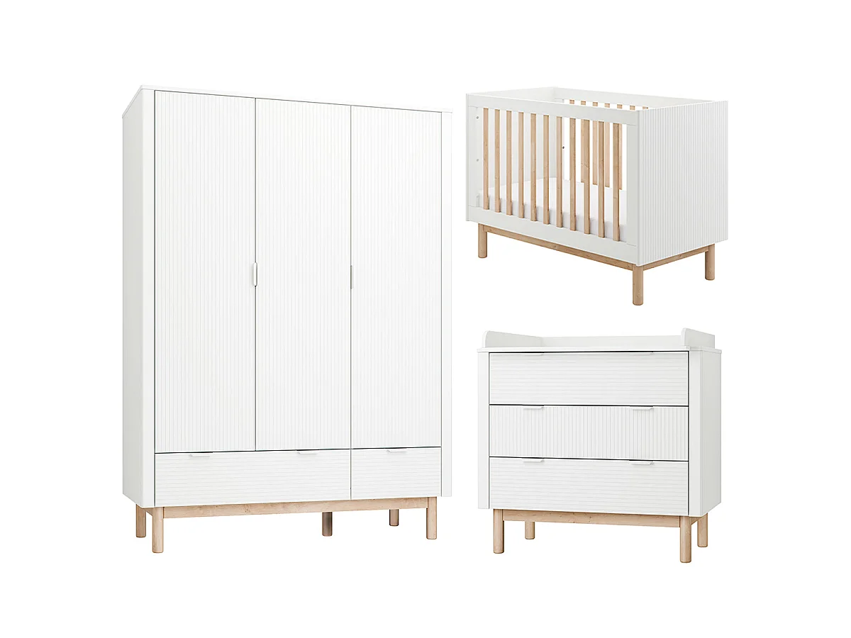 Chambre complète lit évolutif 60x120 commode à langer et armoire 3 portes Miloo Blanc