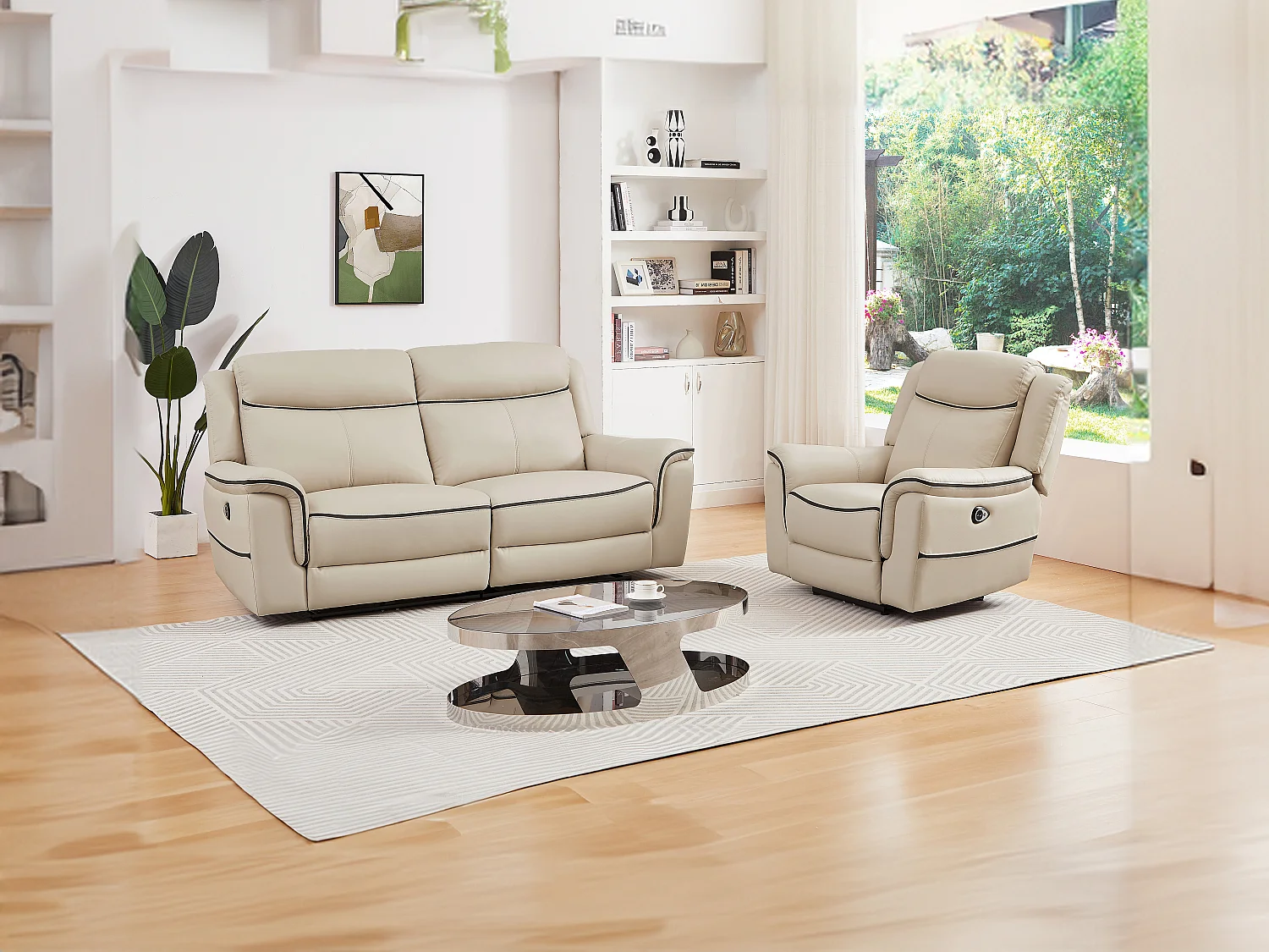 Elektrische driezitsrelaxbank en -fauteuil van beige leer ROVETO