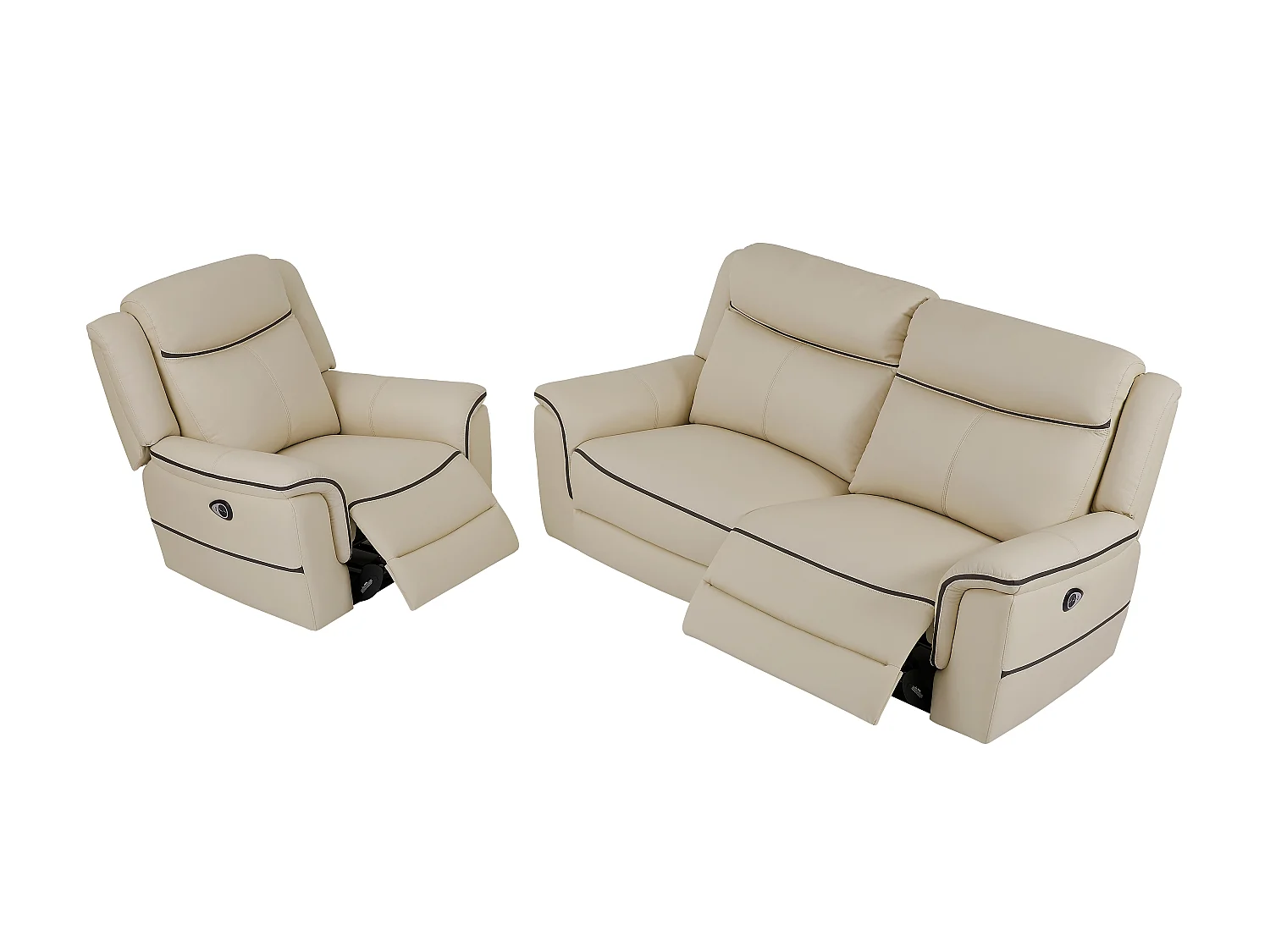 Elektrische driezitsrelaxbank en -fauteuil van beige leer ROVETO