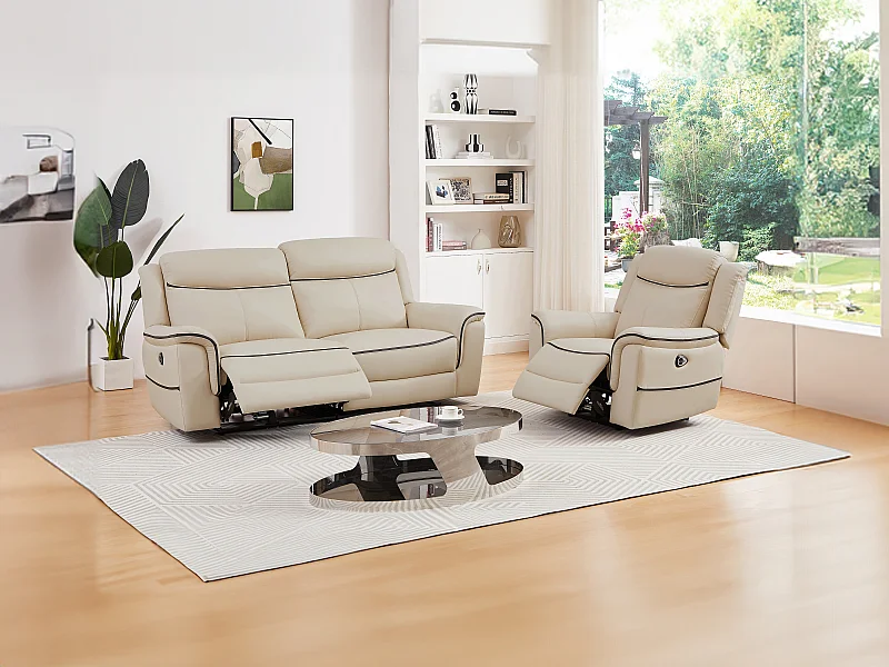 Canapé 3 places et fauteuil relax électrique en cuir beige ADELIO