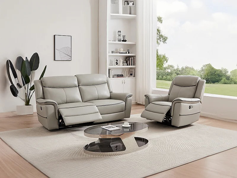Canapé 3 places et fauteuil relax électrique en cuir gris clair ADELIO
