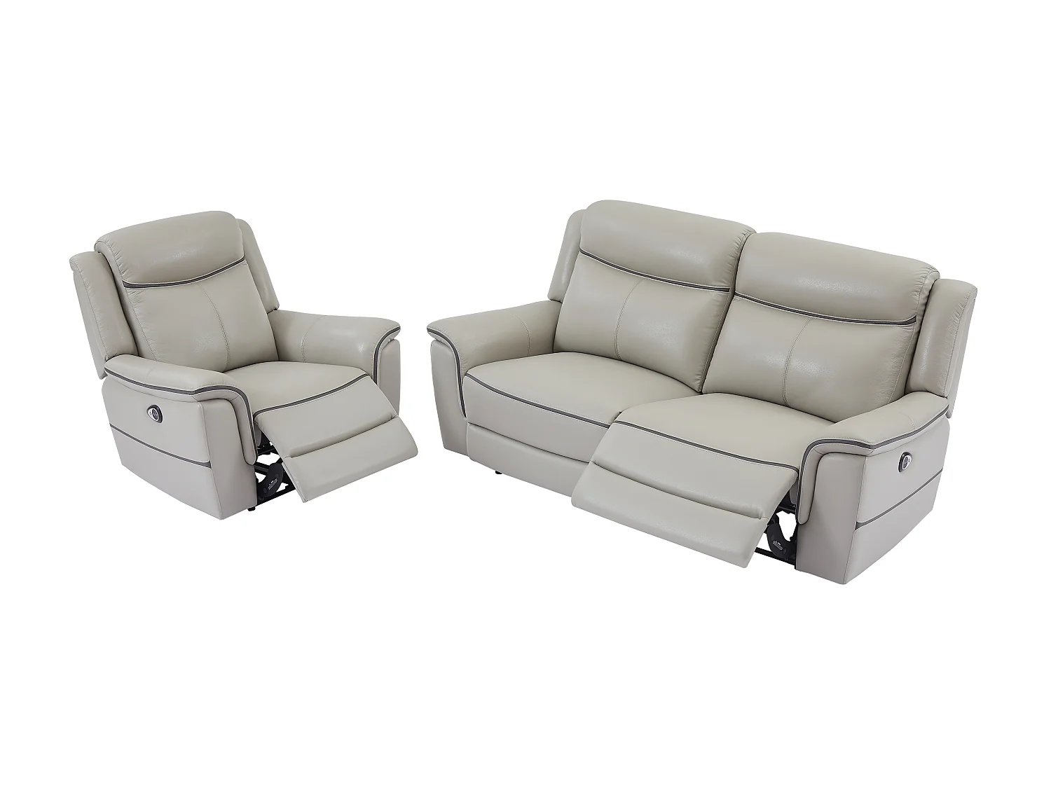 3-personers sofa og lænestol med elektrisk relaxfunktion i lysegråt læder ADELIO