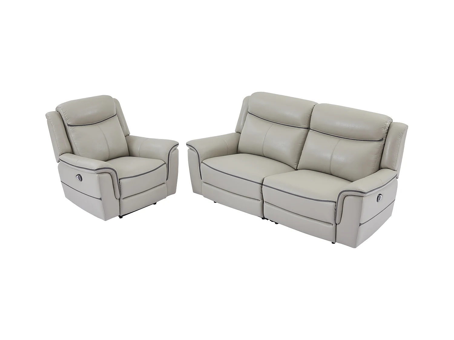 Sofá de 3 plazas y sillón reclinable eléctrico de cuero gris claro ADELIO