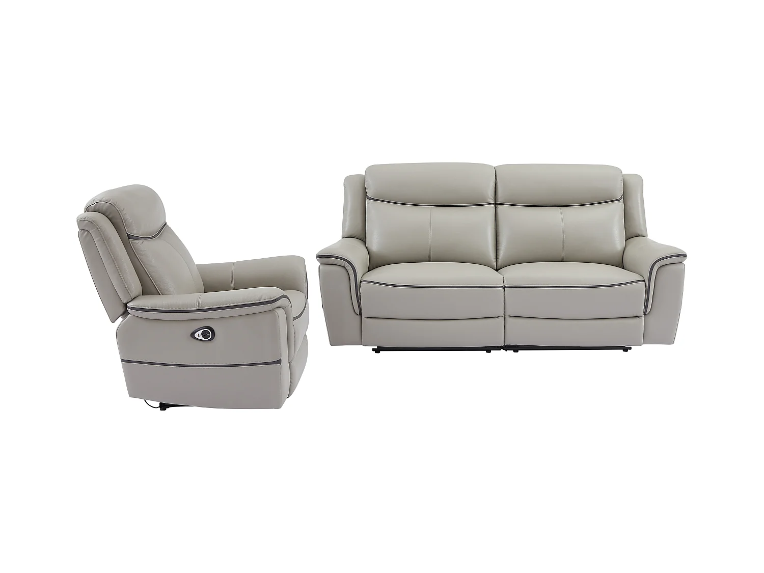 Sofá de 3 plazas y sillón reclinable eléctrico de cuero gris claro ADELIO