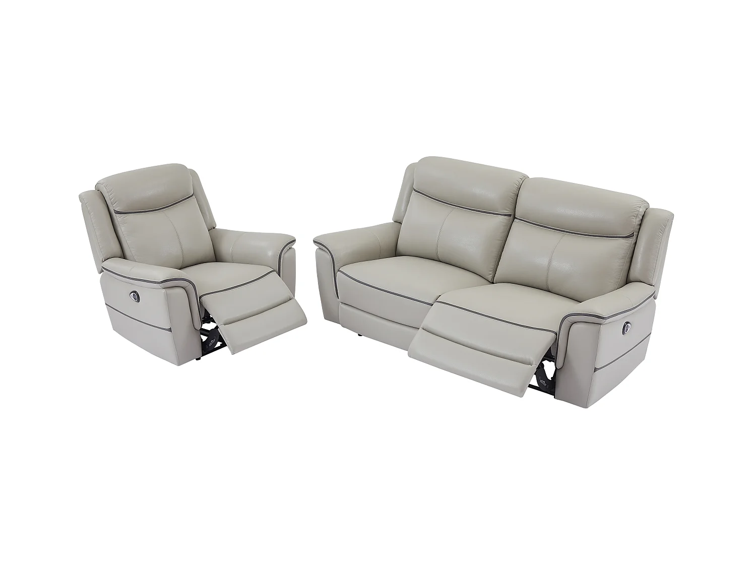 Sofá de 3 plazas y sillón reclinable eléctrico de cuero gris claro ADELIO