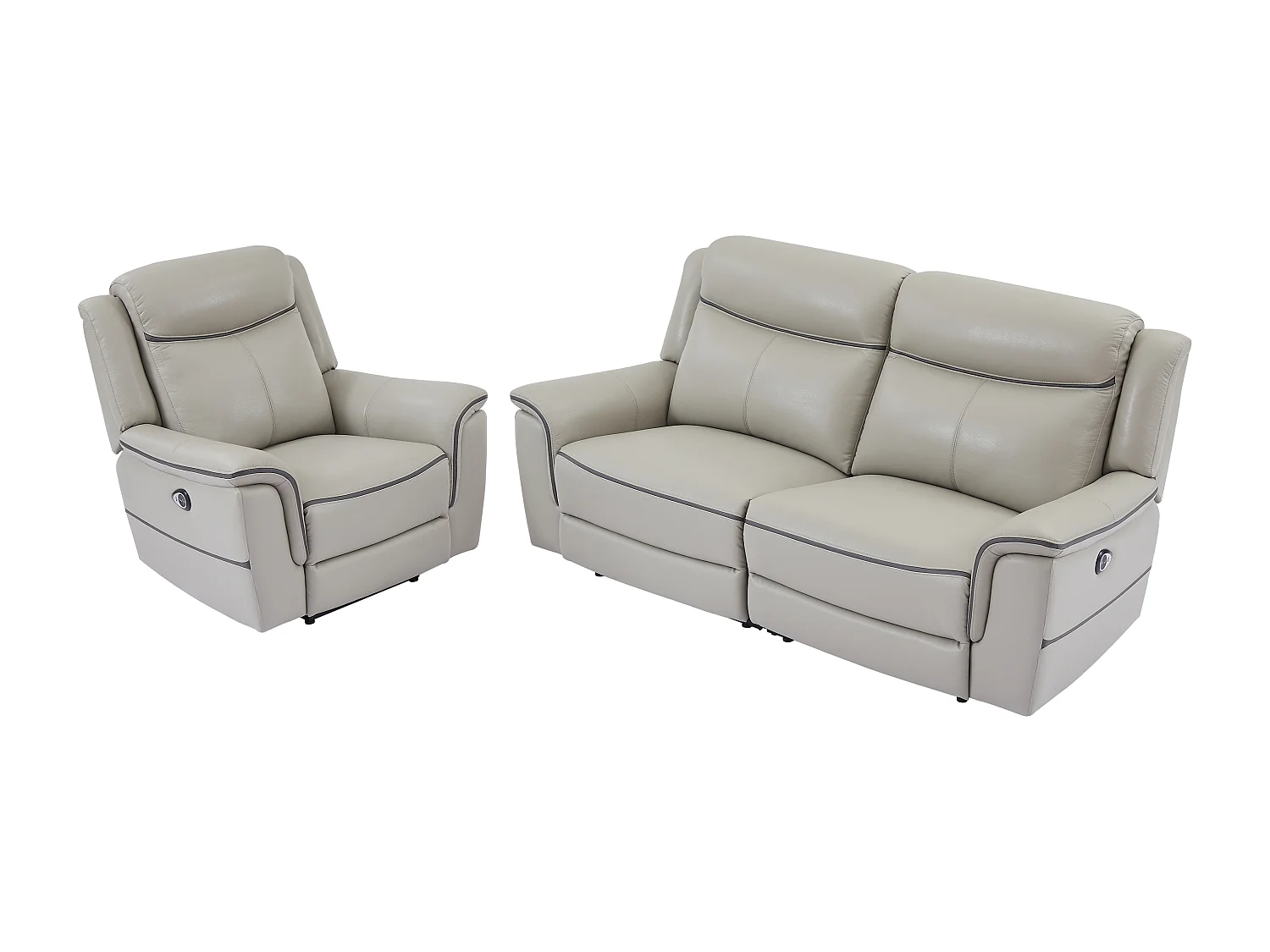 Relaxsofa 3-Sitzer & Relaxsessel elektrisch - Leder - Hellgrau - ADELIO