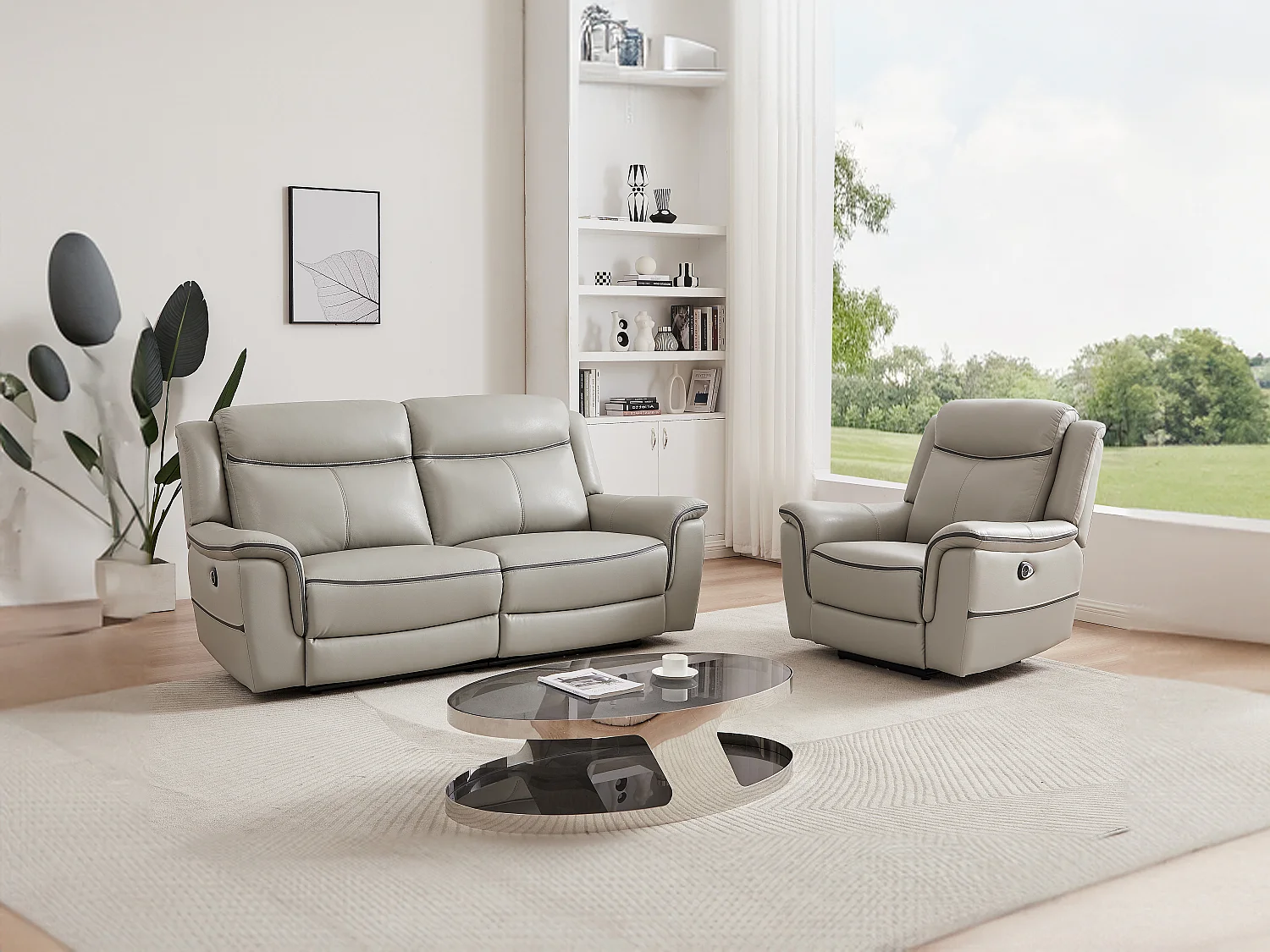 Relaxsofa 3-Sitzer & Relaxsessel elektrisch - Leder - Hellgrau - ADELIO