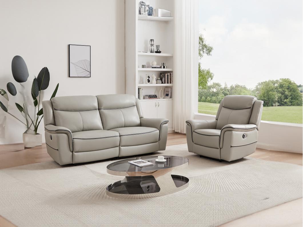 Canapé 3 places et fauteuil relax électrique en cuir gris clair ADELIO