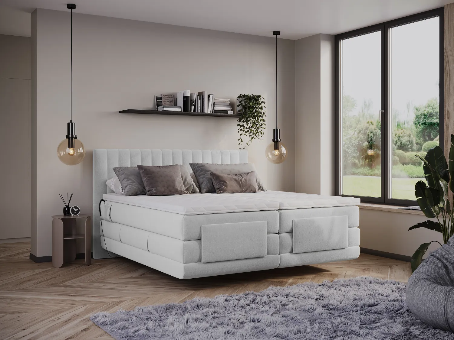 Boxspring completo con cabecero acolchado costuras verticales + somieres relax eléctricos + colchón + sobrecolchón - 2 x 80 x 200 cm - Terciopelo - Gris claro - DONISI de PALACIO
