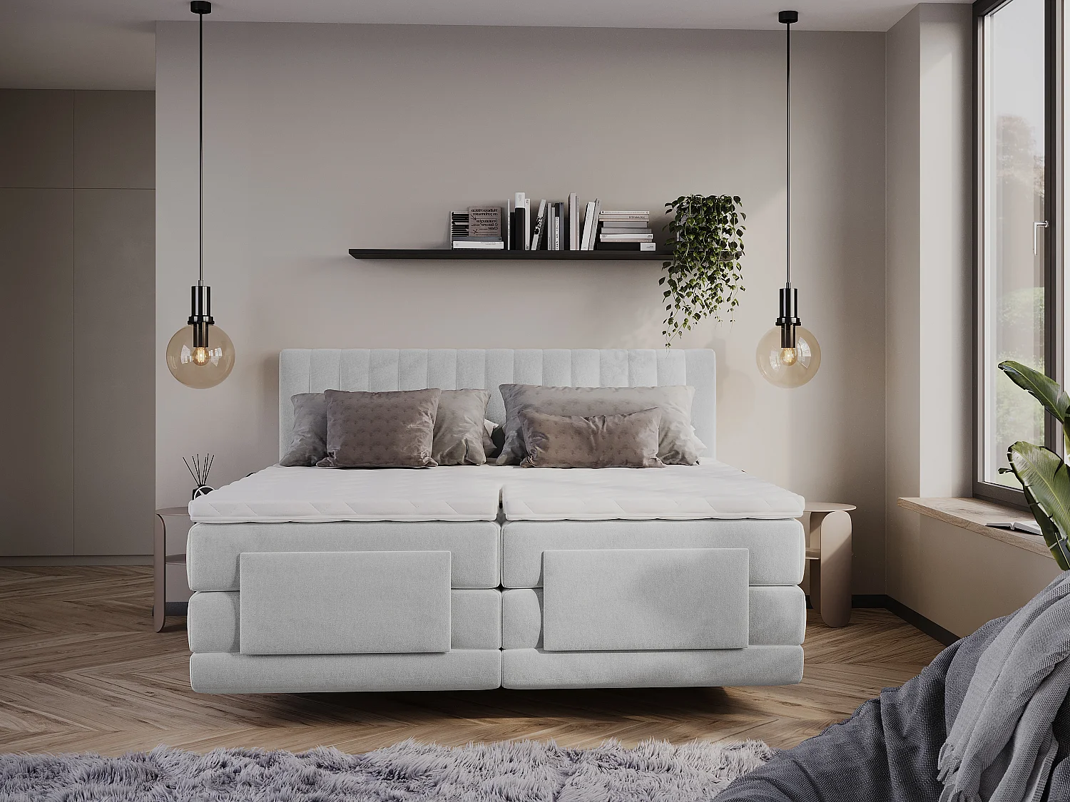 Ensemble complet boxspring tête de lit coutures verticales + sommiers relaxation électrique + matelas + surmatelas - 2 x 80 x 200 cm - Velours - Gris clair - DONISI de PALACIO