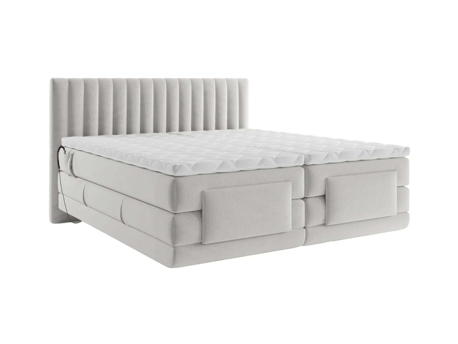 Ensemble complet boxspring tête de lit coutures verticales + sommiers relaxation électrique + matelas + surmatelas - 2 x 80 x 200 cm - Velours - Gris clair - DONISI de PALACIO