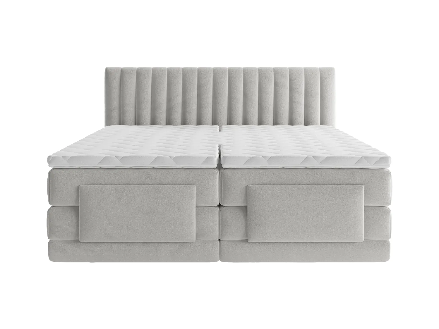 Ensemble complet boxspring tête de lit coutures verticales + sommiers relaxation électrique + matelas + surmatelas - 2 x 80 x 200 cm - Velours - Gris clair - DONISI de PALACIO