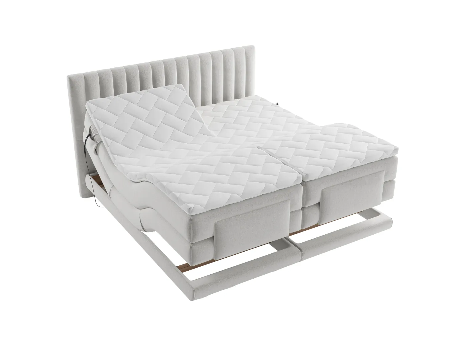 Ensemble complet boxspring tête de lit coutures verticales + sommiers relaxation électrique + matelas + surmatelas - 2 x 80 x 200 cm - Velours - Gris clair - DONISI de PALACIO
