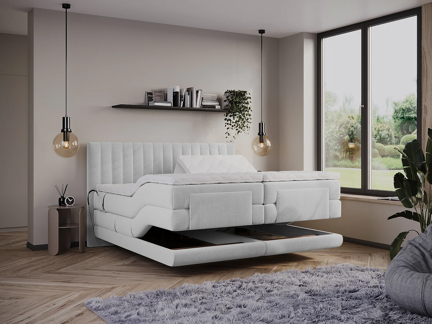 Set boxspringbed met hoofdbord met verticale stiksels + elektrische relaxbedbodems + matras + dekmatras - 2 x 80 x 200 cm - Velours - Lichtgrijs - DONSI van PALACIO