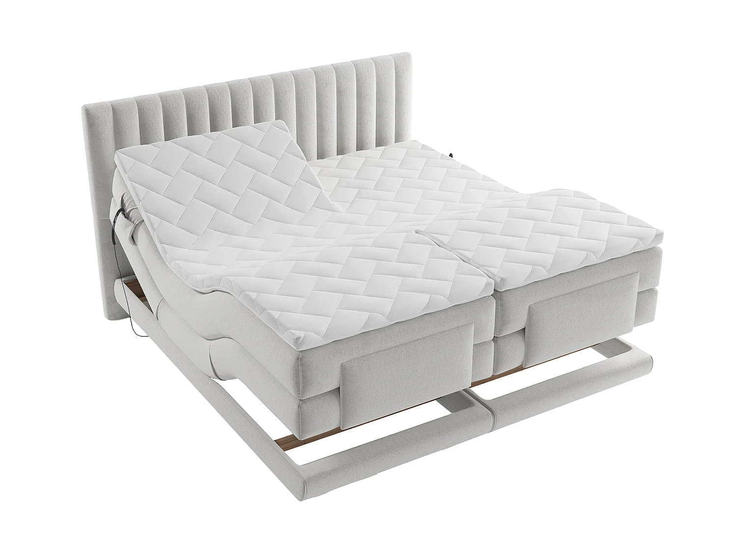 Set boxspringbed met hoofdbord met verticale stiksels + elektrische relaxbedbodems + matras + dekmatras - 2 x 80 x 200 cm - Velours - Lichtgrijs - DONSI van PALACIO