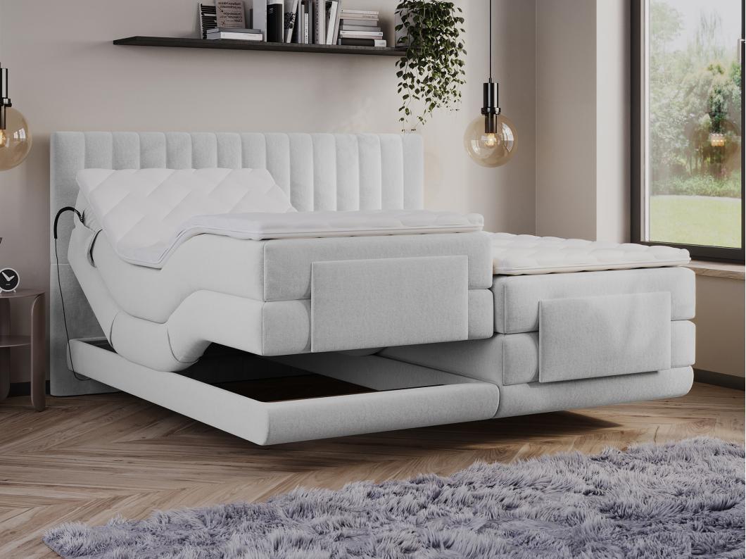 Ensemble complet boxspring tête de lit coutures verticales + sommiers relaxation électrique + matelas + surmatelas - 2 x 80 x 200 cm - Velours - Gris clair - DONISI de PALACIO