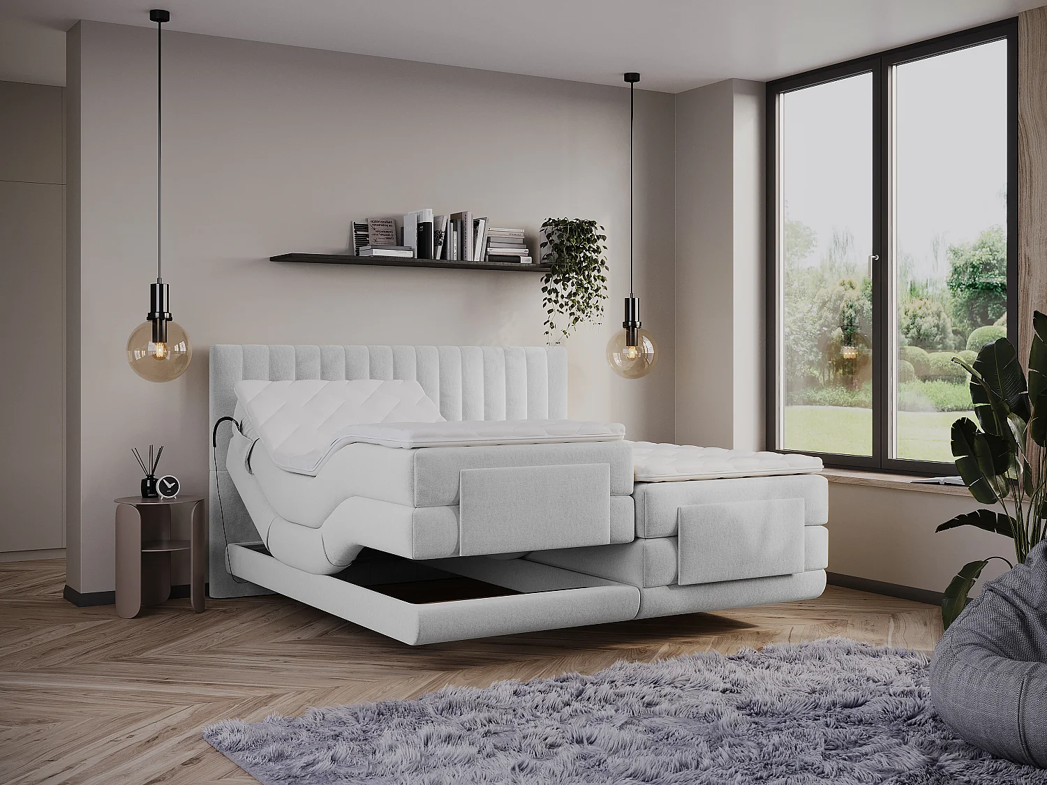 Boxspringbett mit vertikalen Ziernähten am Kopfteil + elektrischem Untergestell mit Relaxfunktion + Matratze + Topper - 2 x 90 x 200 cm - Samt - Hellgrau - DONISI von PALACIO