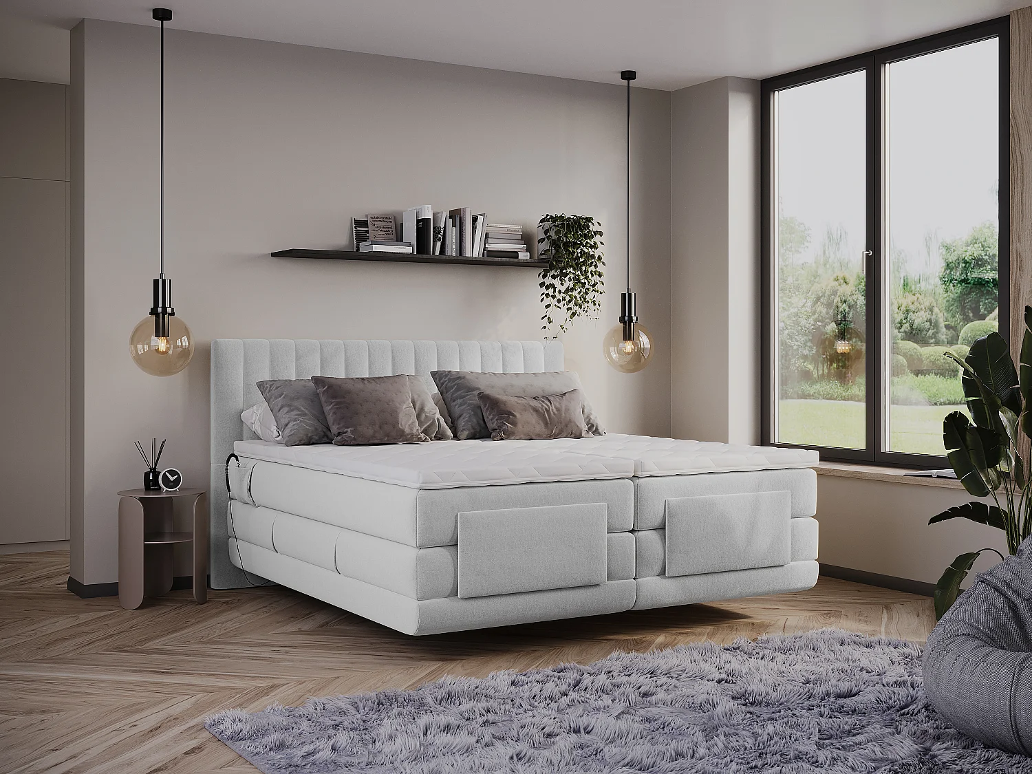 Ensemble complet boxspring tête de lit coutures verticales + sommiers relaxation électrique + matelas + surmatelas - 2 x 90 x 200 cm - Velours - Gris clair - DONISI de PALACIO