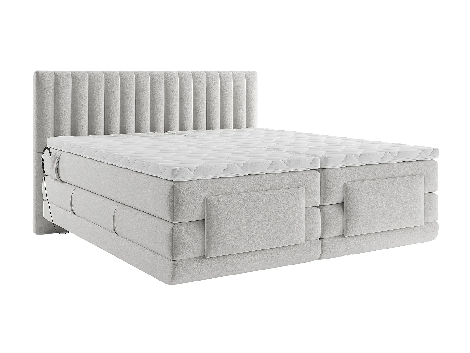 Boxspringbett mit vertikalen Ziernähten am Kopfteil + elektrischem Untergestell mit Relaxfunktion + Matratze + Topper - 2 x 90 x 200 cm - Samt - Hellgrau - DONISI von PALACIO