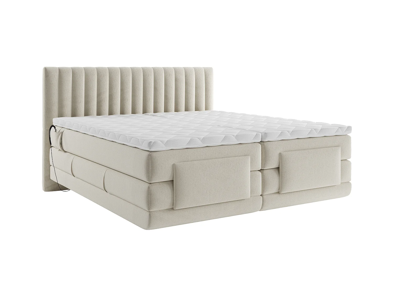 Complete set boxspringbed met hoofdbord met verticale stiksels + elektrische relaxbedbodems + matras + dekmatras - 2 x 80 x 200 cm - Velours - Beige - DONSI van PALACIO